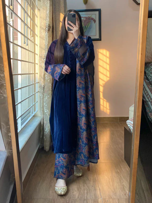 Winter Velvet Dress with Printed Dhanak Shawl kp33120