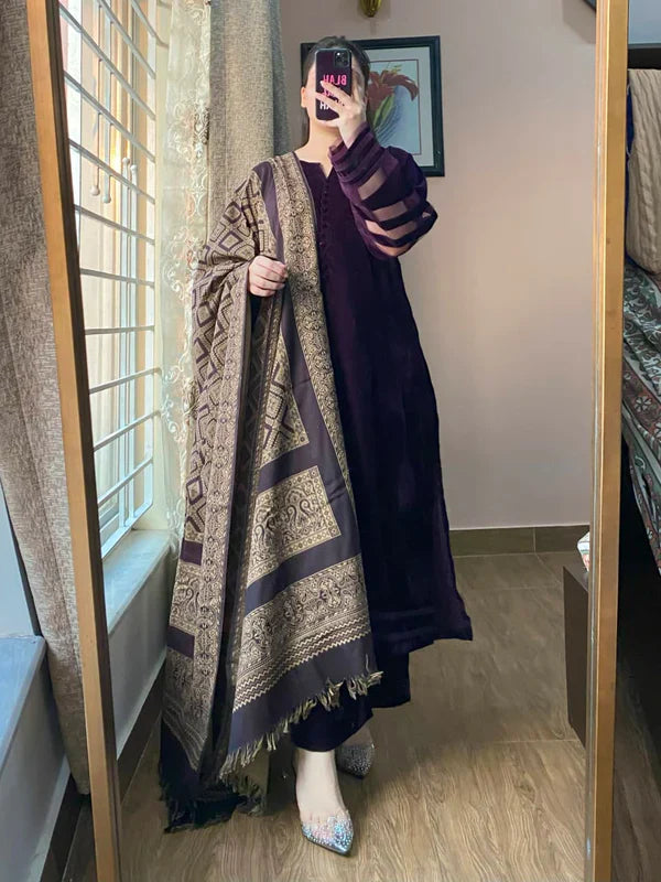 Winter Velvet Dress with Printed Dhanak Shawl kp33117