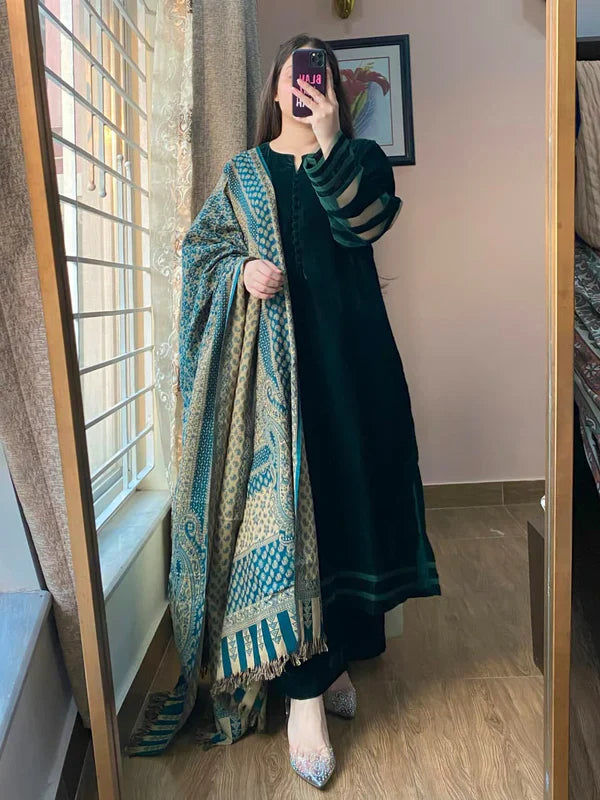 Winter Velvet Dress with Printed Dhanak Shawl kp33118