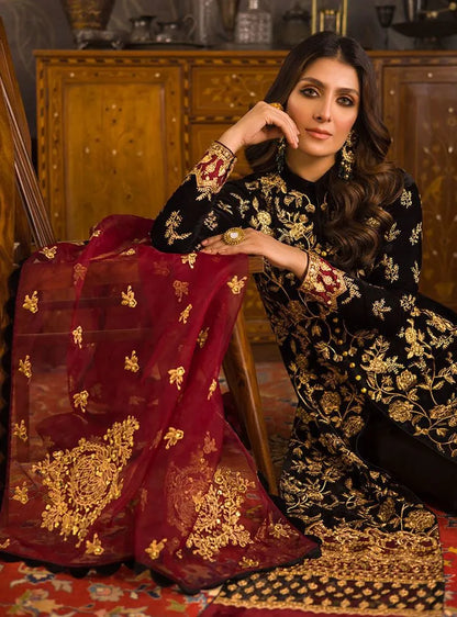 Winter  Embroidered Velvet 3piece suit - KP3358