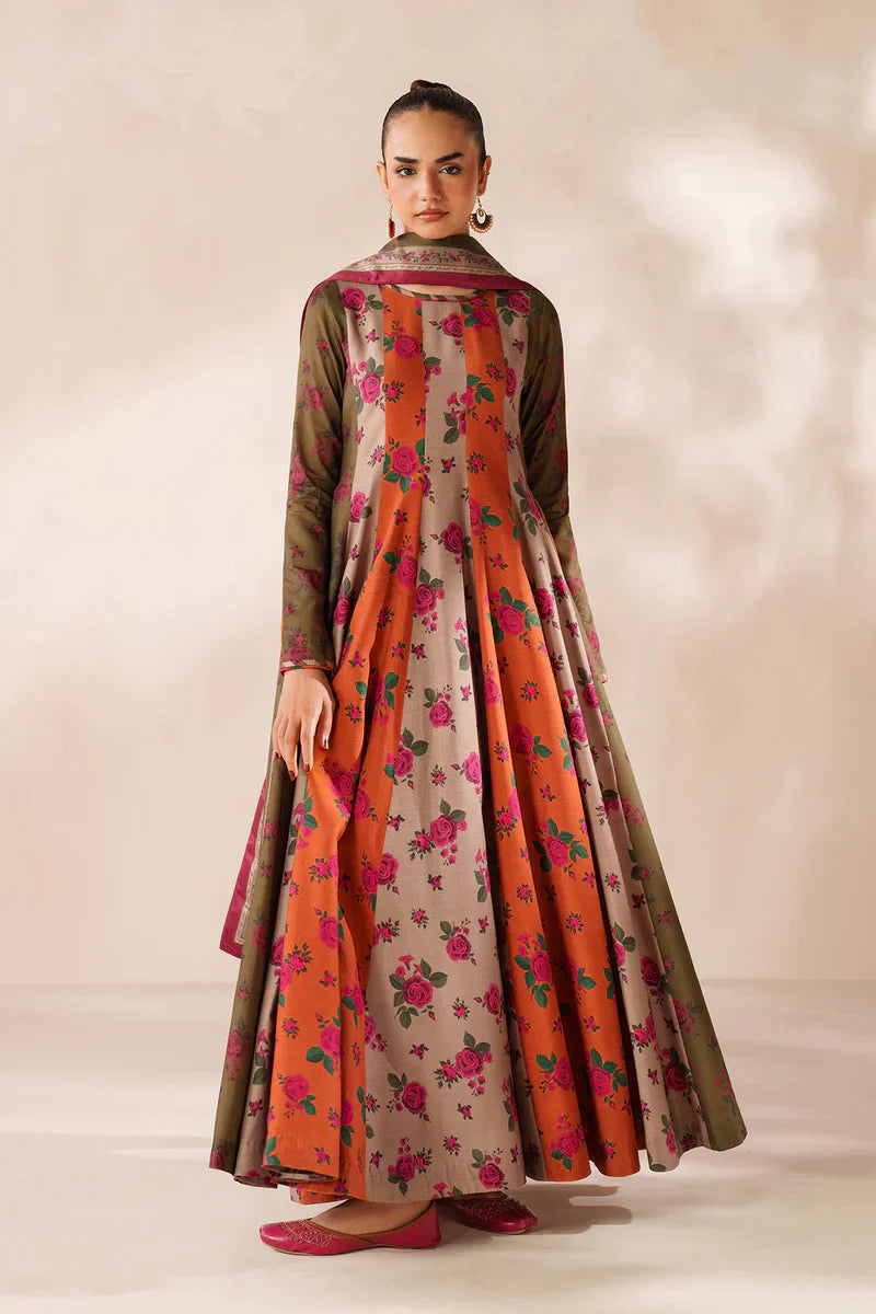 Winter  3PC Frock Style Karandi Digital Print Dress - KP3395
