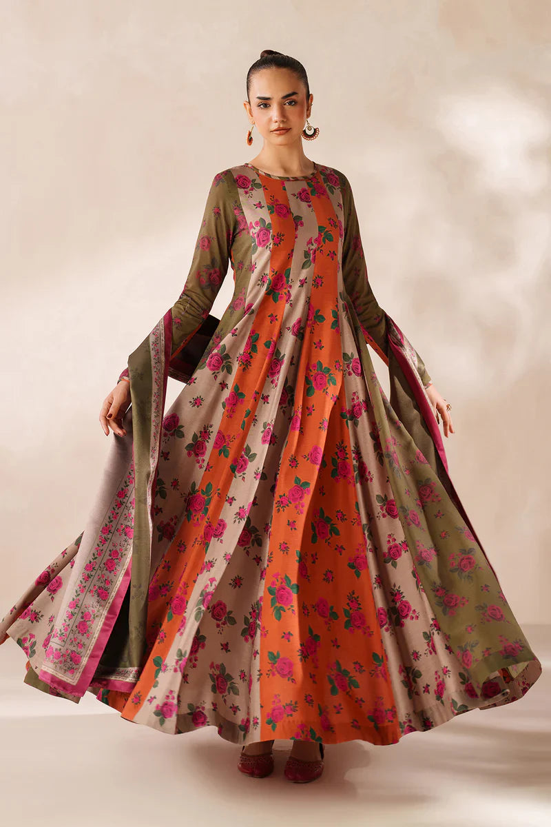 Winter  3PC Frock Style Karandi Digital Print Dress - KP3395