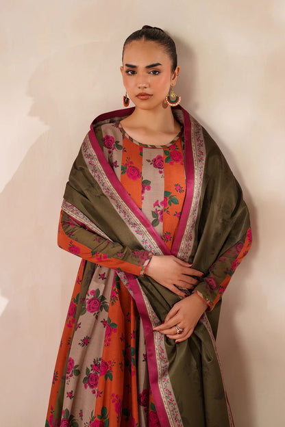 Winter  3PC Frock Style Karandi Digital Print Dress - KP3395