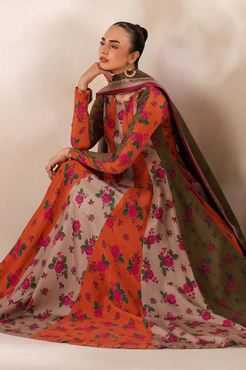 Winter  3PC Frock Style Karandi Digital Print Dress - KP3395