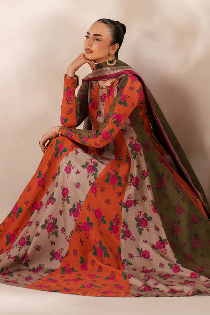 Winter  3PC Frock Style Karandi Digital Print Dress - KP3395
