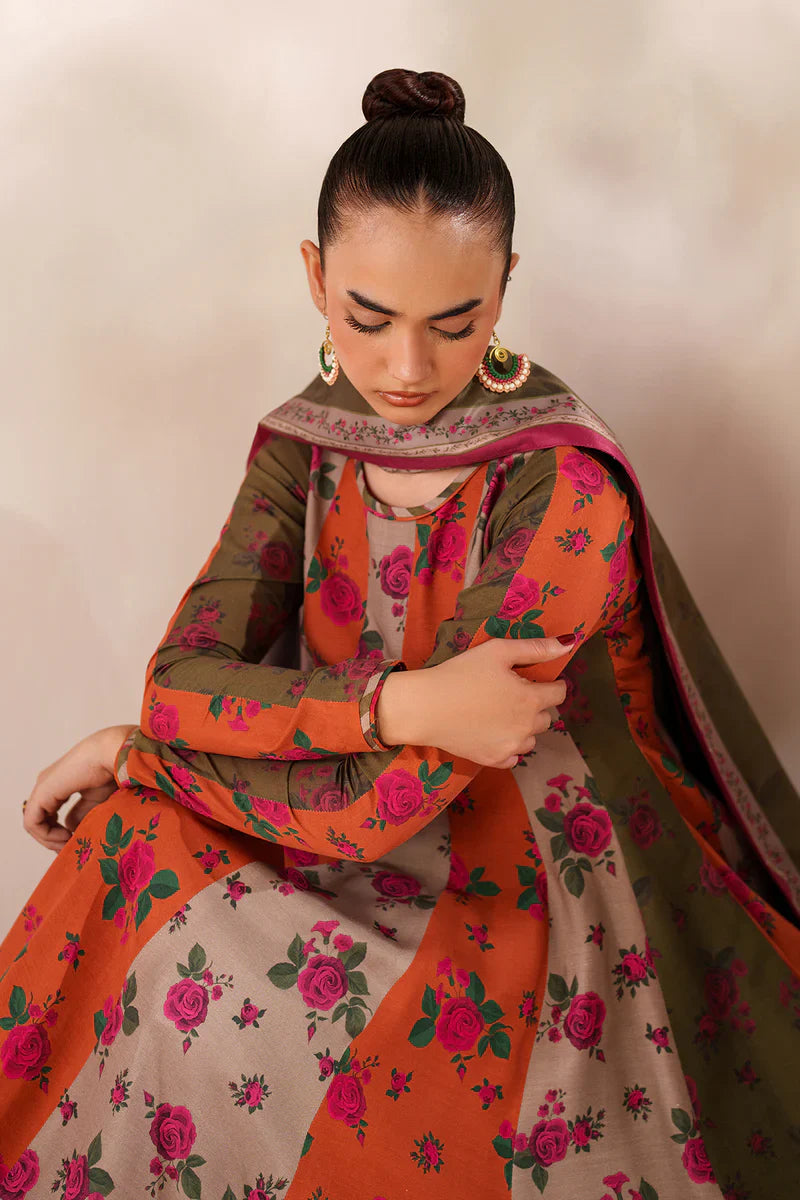 Winter  3PC Frock Style Karandi Digital Print Dress - KP3395