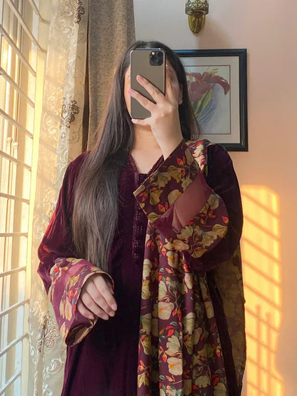 Winter Velvet Dress with Printed Dhanak Shawl kp33119