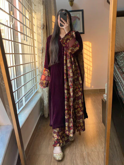 Winter Velvet Dress with Printed Dhanak Shawl kp33119