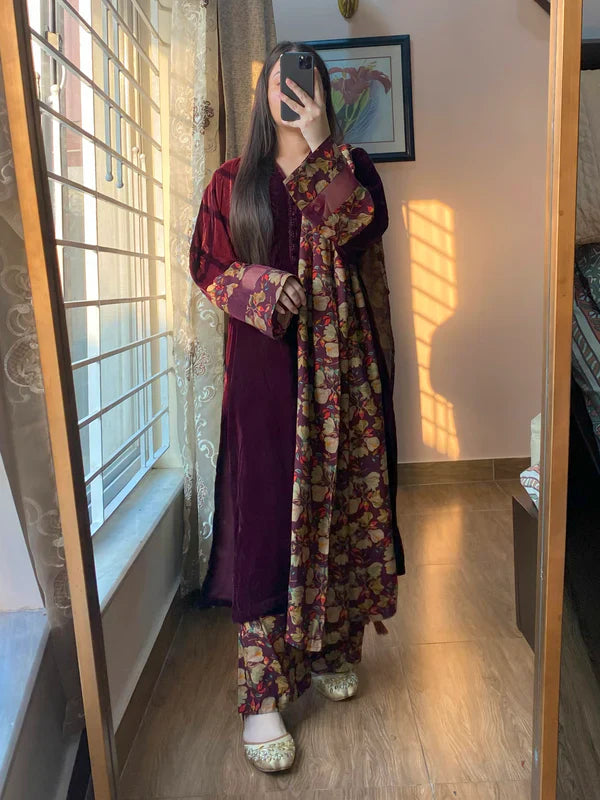 Winter Velvet Dress with Printed Dhanak Shawl kp33119