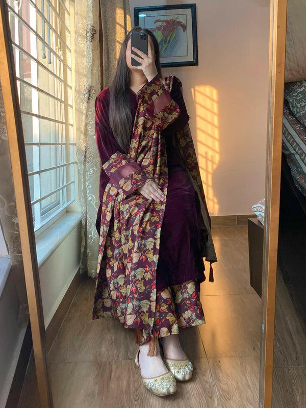 Winter Velvet Dress with Printed Dhanak Shawl kp33119