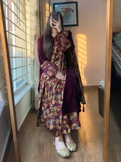 Winter Velvet Dress with Printed Dhanak Shawl kp33119