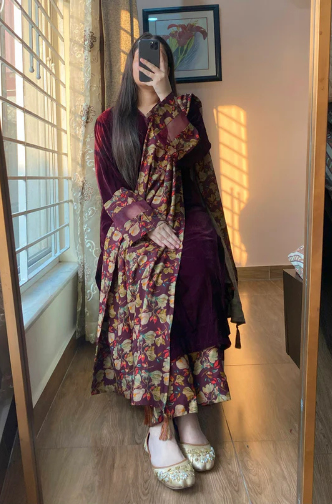 Winter Velvet Dress with Printed Dhanak Shawl kp33119