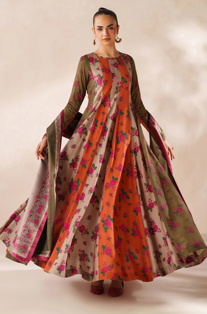 Winter  3PC Frock Style Karandi Digital Print Dress - KP3395
