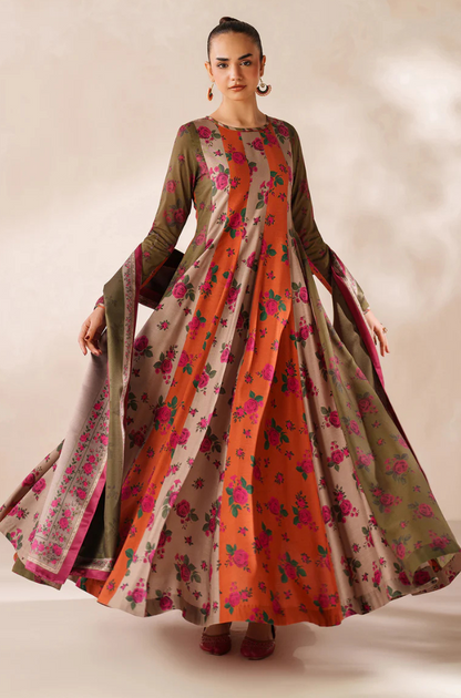 Winter  3PC Frock Style Karandi Digital Print Dress - KP3395
