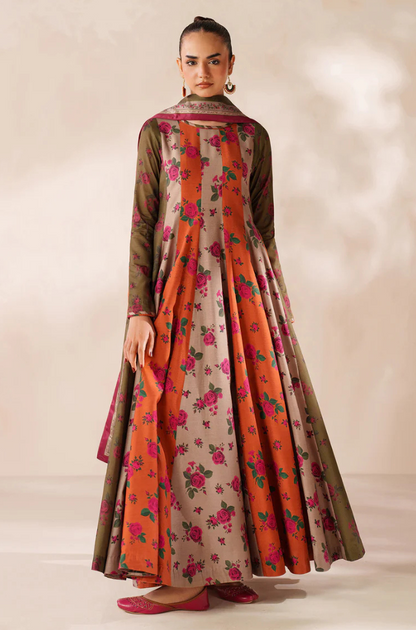 Winter  3PC Frock Style Karandi Digital Print Dress - KP3395