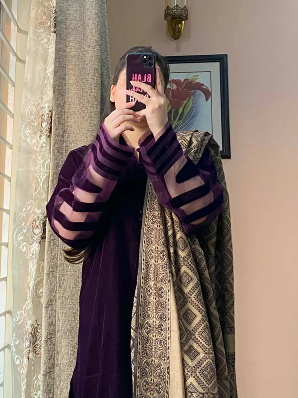 Winter Velvet Dress with Printed Dhanak Shawl kp33117
