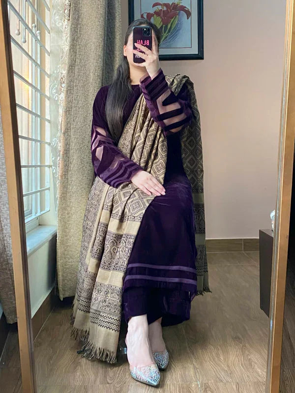 Winter Velvet Dress with Printed Dhanak Shawl kp33117