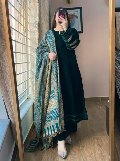 Winter Velvet Dress with Printed Dhanak Shawl kp33118