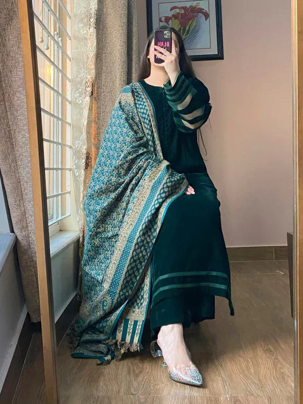 Winter Velvet Dress with Printed Dhanak Shawl kp33118