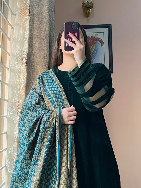 Winter Velvet Dress with Printed Dhanak Shawl kp33118