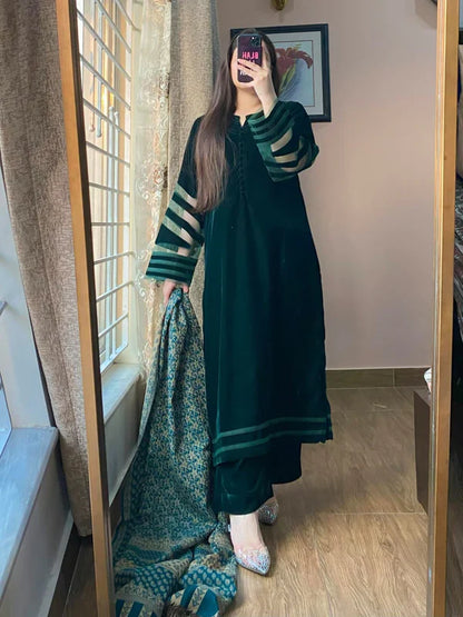 Winter Velvet Dress with Printed Dhanak Shawl kp33118
